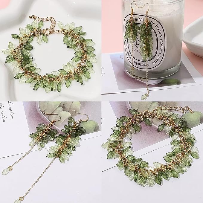 260PCS Green Leaf Beads for Jewelry Making - Acrylic Plant Charms DIY Crafts, Earring Necklace Bracelet Kit for Women