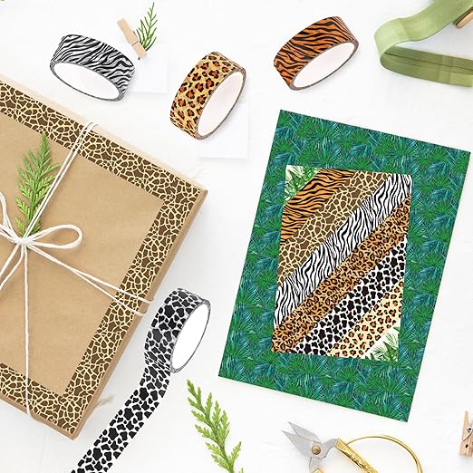 Whaline 8 Rolls Animal Prints Washi Tape Safari Decorative Masking Tape Set Leopard Zebra Tiger Giraffe Greenery Wrapping Paper Tape for Scrapbook Journal DIY Art Crafts