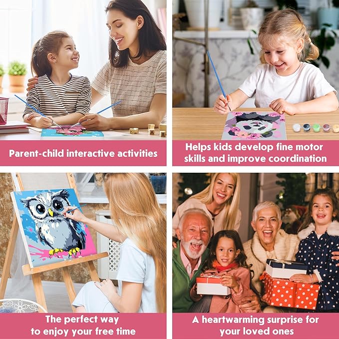 4 Pack Paint by Numbers for Kids with Wooden Framed, Watercolor Turtle, Cute panda, Owl, Cow, Paint by Number Kits on Canvas for Beginner, Acrylic Oil Painting Kits for Home Decor 8x8 inch, Animals
