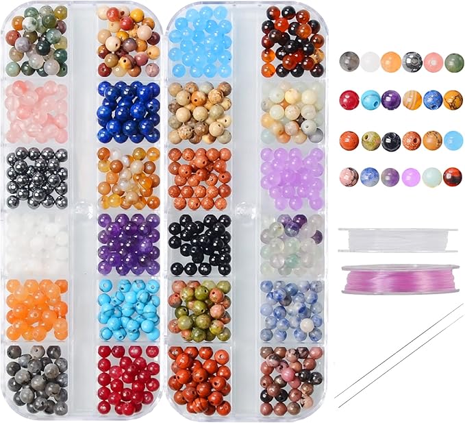 4mm natural mixed materials gemstones beads tiny spacer round loose beads jewelry making kit with thread and needles 600 pcs(24 natural, 4mm)