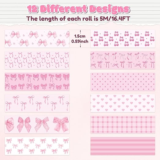 12pcs Pink Bow Washi Tape, Trendy Watercolor Pink Bow Cherry Preppy Aesthetic Decorative Tape, Cute Bowknot Heart Buffalo Plaid Artistic Tape for DIY Craft Scrapbook Wrapping Decor