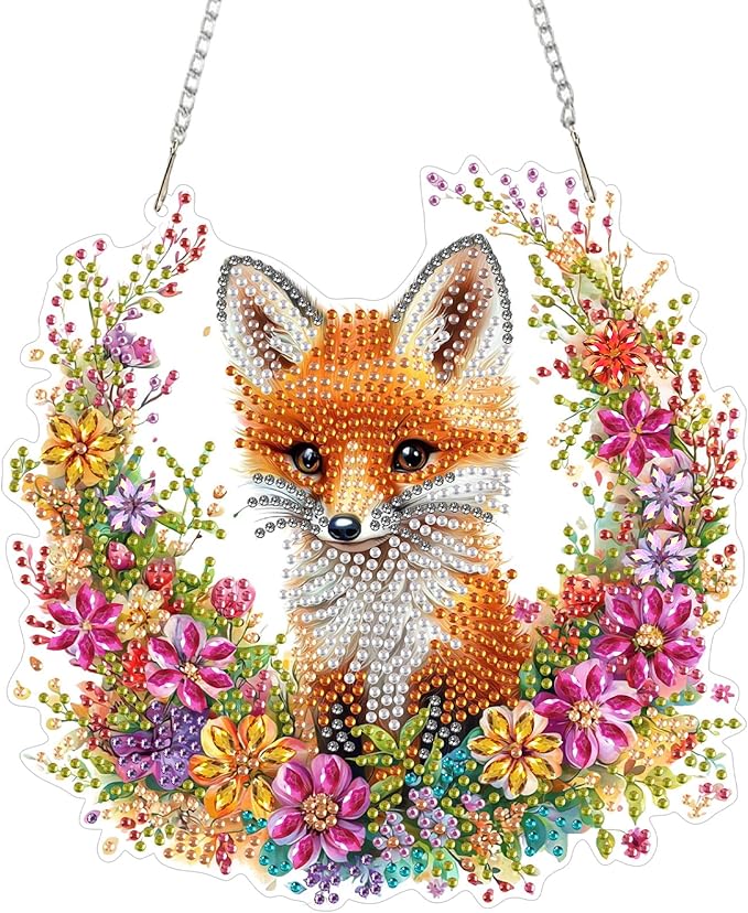 KEYIFA Fox Hanging Diamond Art Painting Kits for Adults and Kids Age 8-12, 5D Special Shape Diamond Dots Kit Flowers, Crystal Gem Painting Art Crafts for Window, Wall, Door, Garden Decor
