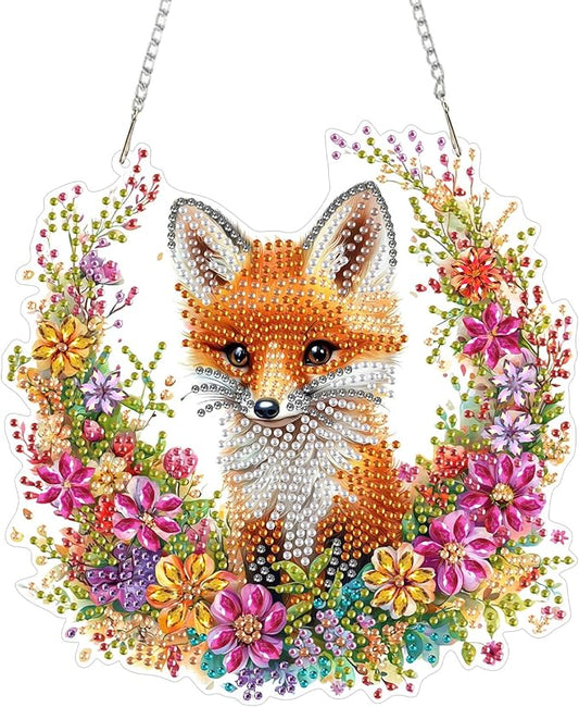KEYIFA Fox Hanging Diamond Art Painting Kits for Adults and Kids Age 8-12, 5D Special Shape Diamond Dots Kit Flowers, Crystal Gem Painting Art Crafts for Window, Wall, Door, Garden Decor