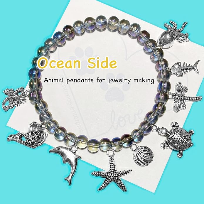 Heather's cf Silver Sea Charms – Antique Pendants, Non-Tarnish, Lead-Free & Nickel-Free, Bulk Ocean Animal Charms for DIY Jewelry, Bracelets, Necklaces, Earrings, Beach Craft Supplies (Sea Animals)