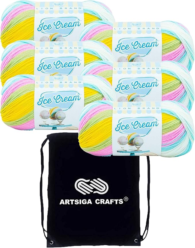 Lion Brand Ice Cream Bunny Tracks 923-224 (6-Skeins - Same Dye Lot) Baby Sport #2 Acrylic Yarn for Crocheting and Knitting with Project Bag