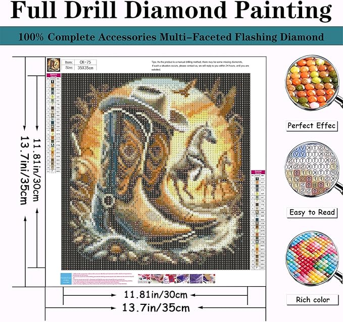 CZYWJMEI 5D Diamond Painting Kits for Adults Beginners,DIY Cowboy Boots Diamond Art,Full Round Drill Diamond Dot Gem Art Kits,Home Wall Decor 13.7x13.7 Inch