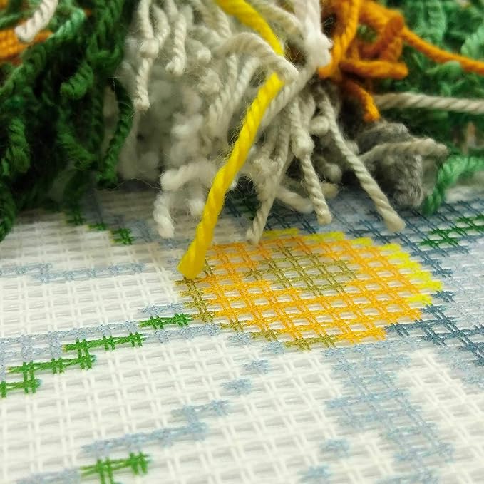 Brvsk Floral Embroidery Kit for Adults and Beginners — Daisies 16″ × 16″ with Clear, Precise Printed Design on Cotton Canvas; Includes 2 Needles, Yarn, and Easy-Read Chart