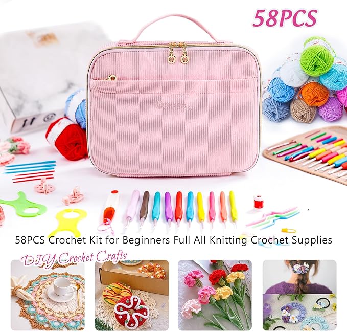 MYBAGZING Crochet Kit for Beginners with Yarn Storage Bag, 10pcs Crochet Hooks 2.0-6.0 mm, 10 Skeins Yarn for Crocheting, Knitting Accessories, 58pc Crochet Starter Kit for Adults