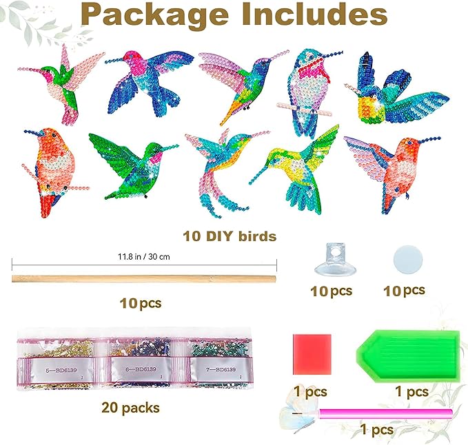 BEAUTYMEHNDI STORE 10 Pack Diamond Art Bird Plant Stakes – DIY Hummingbird Mini Diamond Painting Kit for Adults, Garden Decor for Potted Plants, Gift for Plant Lovers
