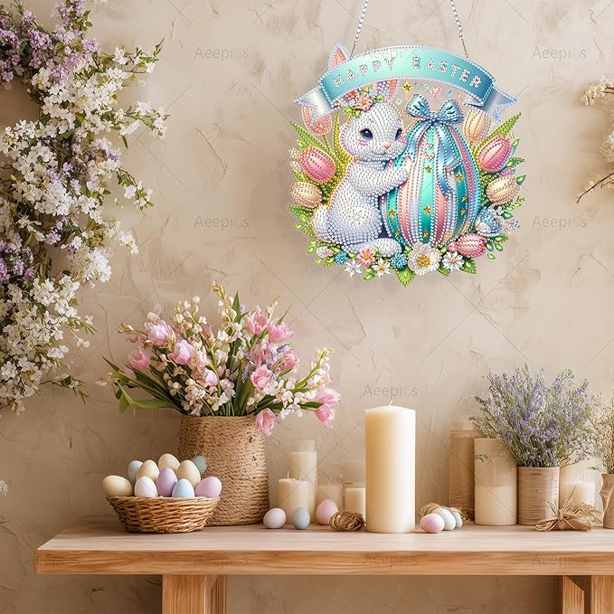 Aeepics Hanging Diamond Art Kit for Adult, DIY Diamonds Painting Pendant Ornament Kit, Acrylic Diamond Art Painting Board Kit (Easter Rabbit)