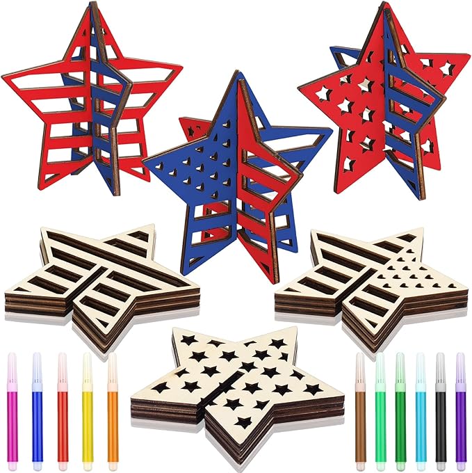Huwena 36 Pcs Patriotic Crafts Set 24 Wood Stars for Crafts 4th of July 3D Star Cutouts with 12 Colored Pens Memorial Day Unfinished Wooden Slices to Paint for Independence Day Tiered Tray Decor