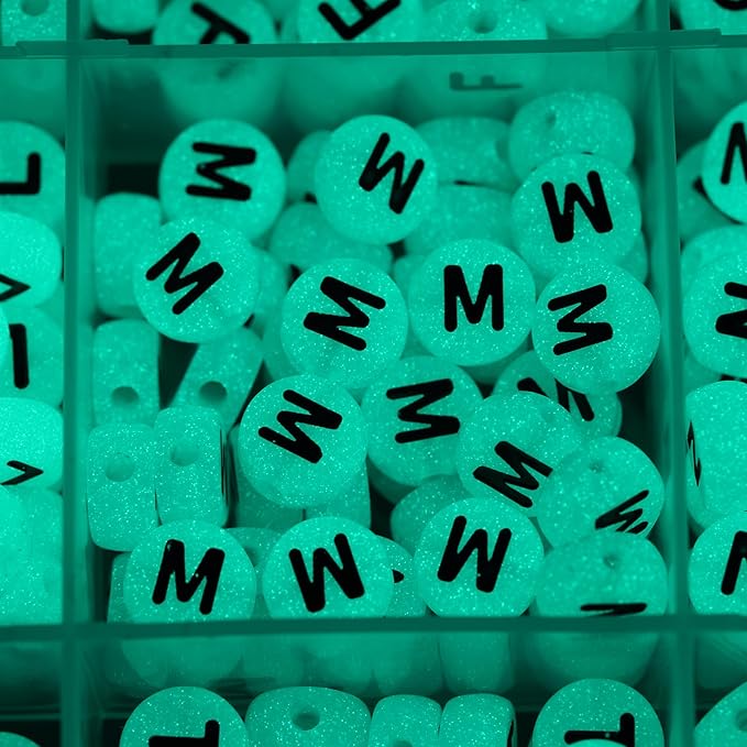 Melius 1450Pcs Acrylic Glow Letter Beads, Alphabetical Glowing in The Dark Beads in 28 Grid Box for Jewelry Making, DIY Bracelets, Necklaces, Key Chains (Glowing, 4x7mm)