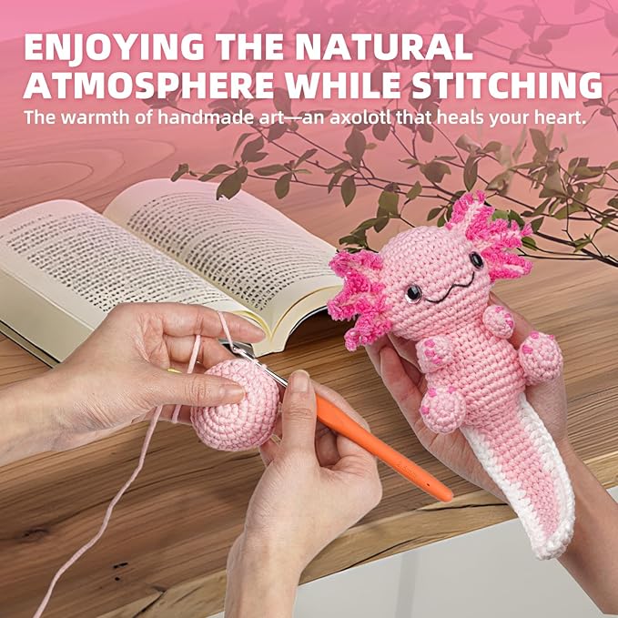 MOREJMTT Crochet Kit for Beginners, Learn to Crochet, Include Easy Knitting Soft Yarn, Step-by-Step Video Tutorial, Hook, Holiday Birthday Gift for Adults (Happy Axolotl)