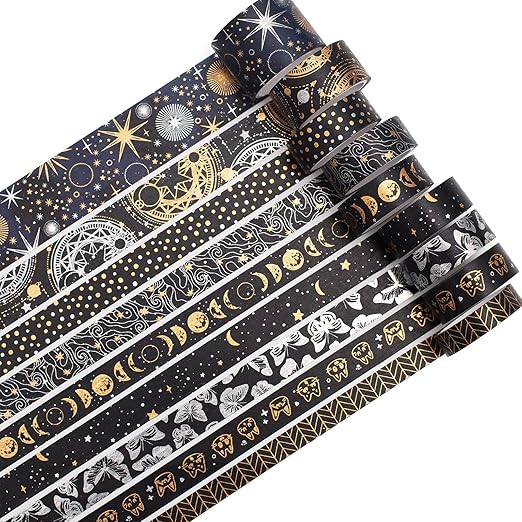 YUBBAEX Mystic Gold Washi Tape Set Wide Silver Foil Masking Tape Decorative for Arts, DIY Crafts, Journal Supplies, Planners, Scrapbook, Card/Gift Wrapping (Dark Night)
