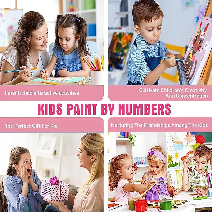 4 Pack Cat Paint by Number for Kids with Wooden Frame, Paint by Numbers for Kids Cats Ages 4-8-12, Easy Cat DIY Acrylic Oil Painting Kits for Home Wall Decor (8X8 inch)