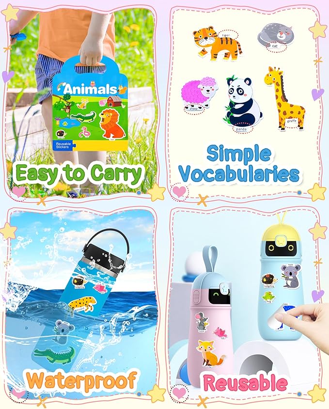 benresive reusable sticker books for kids, sticker books for toddlers, toddler travel toys activities crafts ages 3 and up birthday gifts - animal