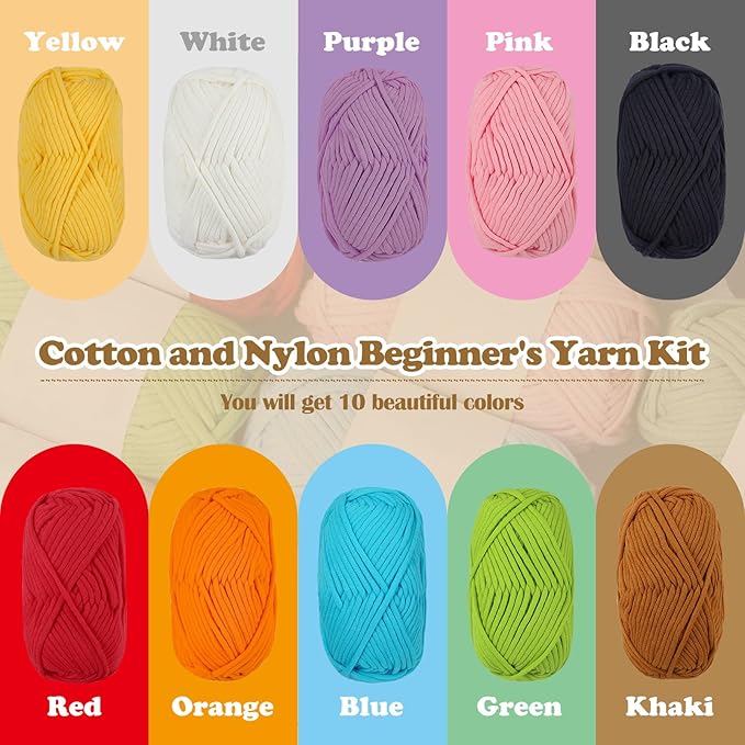 SIMEIQI 10×50g Beginners Yarn Kit for Crocheting and Knitting,Cotton Nylon Blend Yarn for Hand DIY Bag Basket Dolls and Cushion E