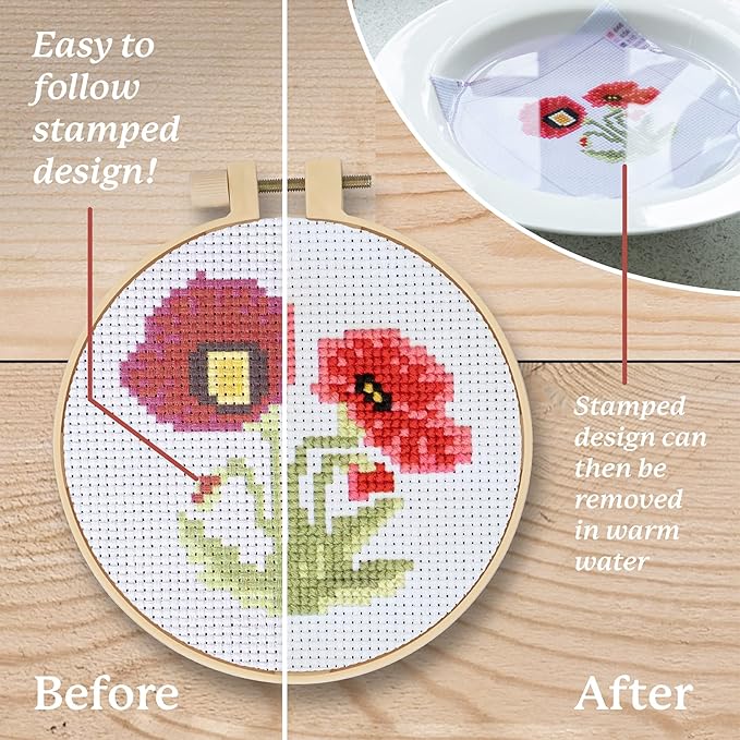 kraftex stamped cross stitch kits for beginners (flower theme - 6.75 inch - 4 pack 1 x embroidery hoop) embroidery needlepoint patterns for adults, includes poppy, rose, sunflower and pansy