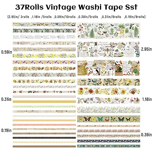 37 Rolls Vintage Washi Tape Set - Decorative Tape Floral Butterfly Mushroom Botanical,Adhesive Tape for Journaling Supplies,Scrapbooking,Junk Journal Supplies5/8/10/15/30/75mm Wide9.84ft Long/Roll