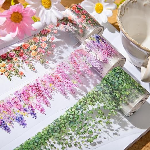 PET Tape Stickers for Journaling 6 Rolls Pre-Cut Flower Washi Tape Stickers Decorative Tape for Crafts Scrapbooking Junk Journal Supplies, Flower Vine