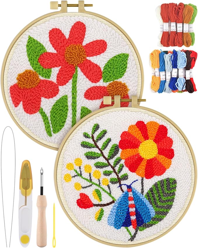 ERKOON Punch Needle Kit Adults Beginners, 2 Pcs DIY Easy Flower Embroidery Set for Starter Art Craft, Needling Punching Project with Patterns, Tools, Yarns, Hoop, Instruction (Safflower)