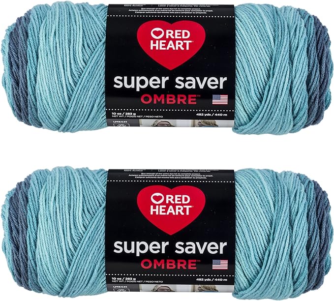 Red Heart Super Saver Jumbo Blue Tiful Ombre Yarn - 2 Pack of 283g/10oz - Acrylic - 4 Medium (Worsted) - 482 Yards - Knitting/Crochet