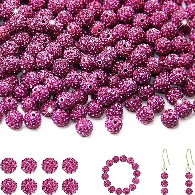 200 Pcs 10mm Rhinestone Beads for Jewelry Making, Rose Red Shiny Round Shamballa Disco Baseball Necklace Beads Sparkle Crystal Clay Pave Rhinestones Bead for DIY Bracelet Earring Craft Making Supplies