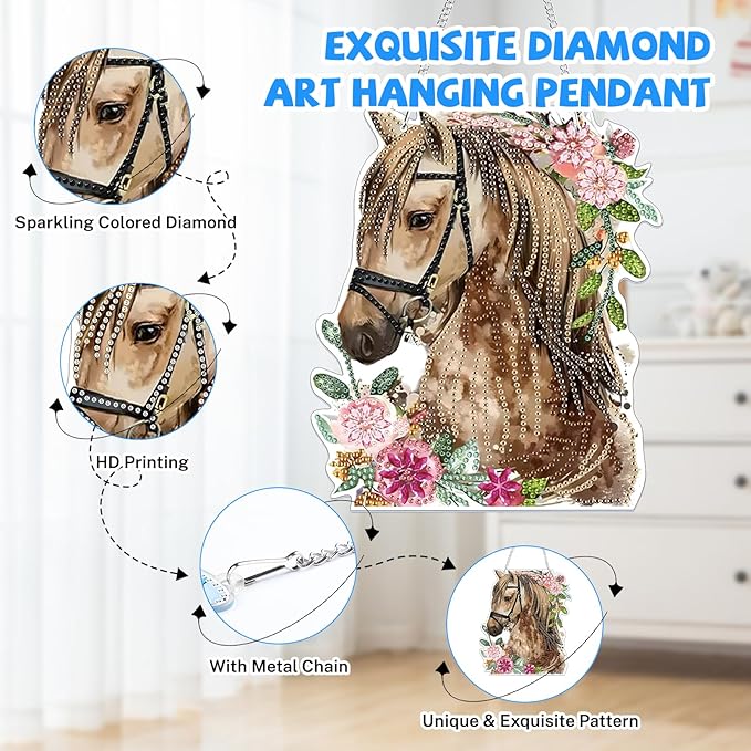 Bowetile Horse Diamond Art Hanging Kits for Adults, 5D Special Shape Diamond Painting Flowers Pendant Kits, Animal Gem Art Suncatchers Painting Ornament for Home Garden Wall Decor