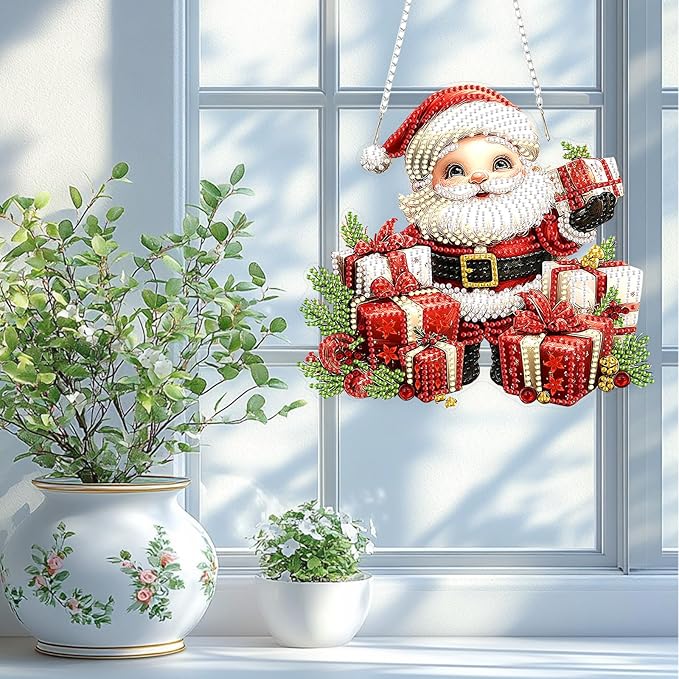 TOSTOG Hanging Diamond Art Kits for Adults, Father Christmas Diamond Paintings for Adults, Diamond Art Kits Window Pendant, 5D Diamond Paintings Hanging Pendant Kit Wall Decor Gift