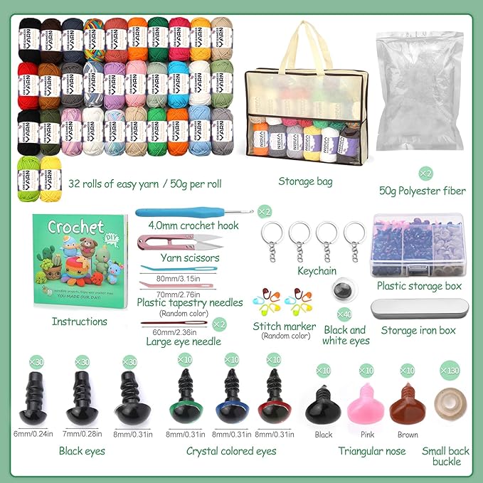32 Pack Yarn for Beginner Crocheting, Beginner Yarn, Easy Yarns for Beginners, Beginner Crochet Yarns with Easy-to-See Stitches Cotton Yarn for Crocheting Beginners Crochet Kit