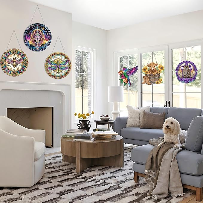 VAIIEYO Bee Diamond Art Hanging Ornament, Animal Diamond Painting Suncatchers Window Hanging Kit with Chain, 7.5x7.5 inch Crystal Pendant Art Craft for Gift Home Wall Front Door Decoration