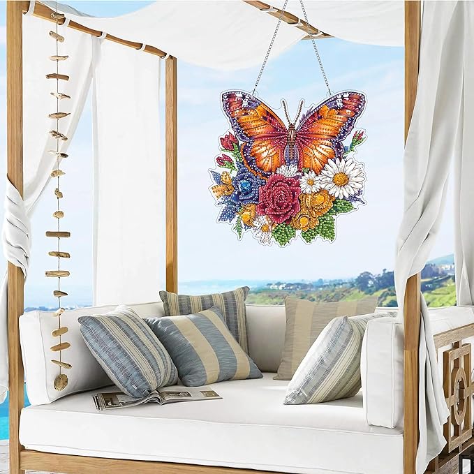 VAIIEYO Butterfly Diamond Art Hanging Ornament, Flower Diamond Painting Suncatchers Window Hanging Kit with Chain, 7.5x7.5 inch Crystal Pendant Art Craft for Gift Home Wall Front Door Decoration