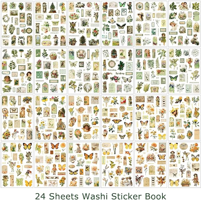 550+ Aesthetic Scrapbook Stickers, Vintage Stickers for journaling Butterfly Plant Flower Nature Washi Sticker Book for Adults, Junk Journal Supplies for DIY Art Collage Album Scrapbooking Planner