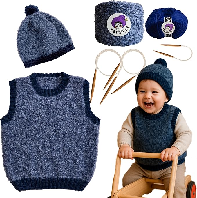 yarnique learn to knit kit for beginners - complete baby knitting kit with italian boucle & merino wool - beginner knitting kit for adults moms - diy baby vest & hat starter set with video tutorials