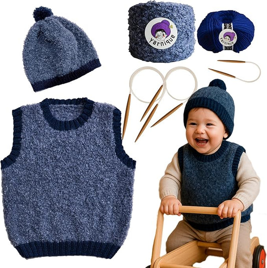 yarnique learn to knit kit for beginners - complete baby knitting kit with italian boucle & merino wool - beginner knitting kit for adults moms - diy baby vest & hat starter set with video tutorials