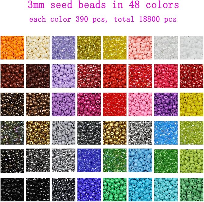 18800Pcs 3mm 48-Color Glass Seed Beads + 260 Alphabet Letter Beads DIY Jewelry Making Kit | Adult Craft Supplies with Elastic String, Charms, Rings for Bracelet Necklace Art Projects