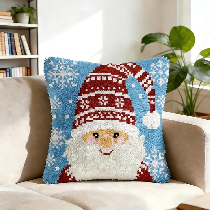 Cozykeke Gnome Latch Hook Kit for Adults Beginners,DIY Christmas Latch Hook Pillow Kit Cover Cushion Craft Kits with Pre-Printed Canvas, Suitable for Home Decor and Festival Gift 17 * 17in (BX24)