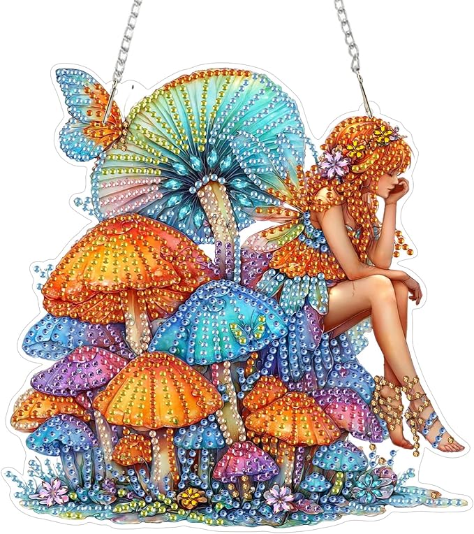 Lxmsja DIY Fairy Diamond Painting Hanging Ornament, Double-Sided Acrylic Colorful Mushrooms Diamond Art Kit, Special Shaped Suncatcher Hanging Pendant Window Art Kit 8x8 inch