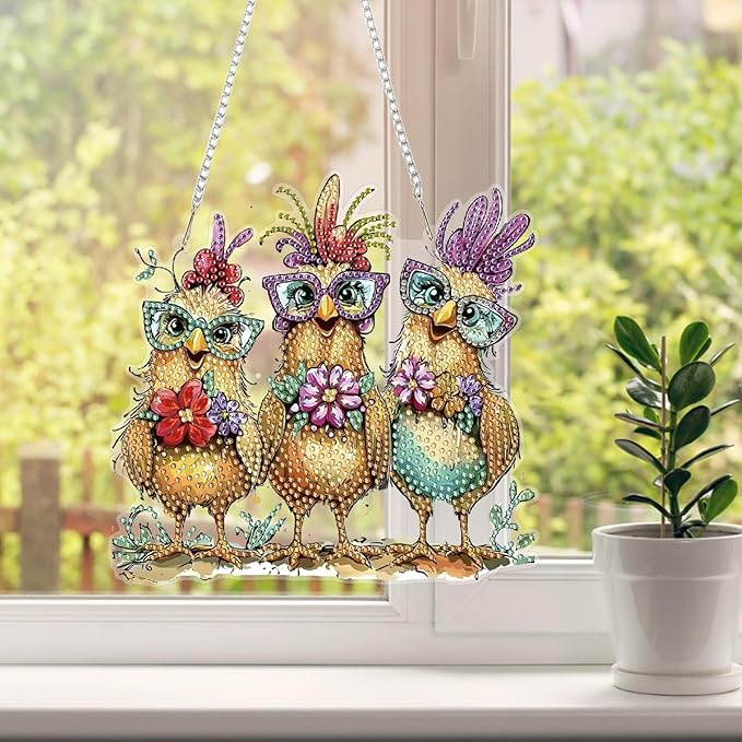 HEIBAGO Diamond Art Hanging Kits for Adults Kids, Hanging Diamond Art Chicken, 5D Special Shaped Crystal Diamond Painting Kit,DIY Pattern Window Pendant for Home Wall Decor 8.3x8.3Inch