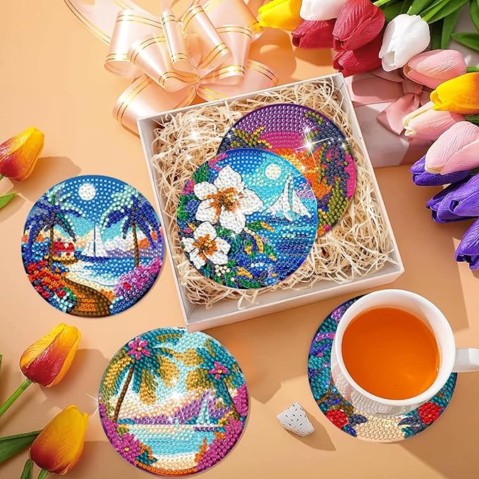 EWJRNSF 8 PCS Diamond Art Coasters Kit, Small Diamond Painting Coasters, Fall Beach Diamond Art Kits for Adults Beginners, Arts and Crafts Supplies Item Sets with Holder