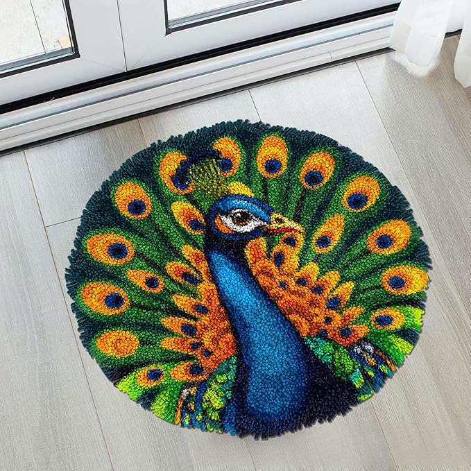 Latch Hook Rug Kit Peacock Stamped Handmade Round Shape Carpet Crochet Yarn Craft DIY Hook and Latch Door Mat Tapestry for Christmas Home Floor Decor 50x50cm(4)