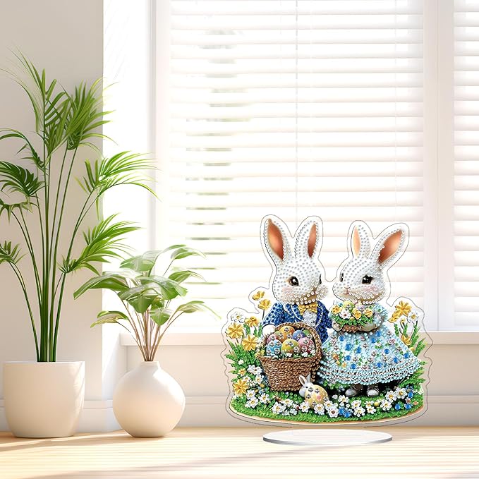 TOSTOG Rabbit Couple Tabletop Diamond Art Kits for Adult, Desktop Diamond Painting for Beginners, 5D DIY Stand Up Crafts Gem Art, Waterproof Full Accessories for Home Decor Idea 20 * 20 cm/8 * 8 in