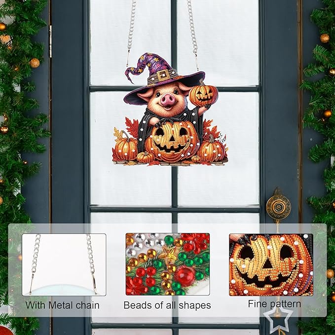 Diamond Art Painting Pendant Kits 5D Diamond Painting Art Hanging Kit Halloween Pumpkin Pig DIY Diamond Crystal Window Door Pendant Kit for Adults Gift Wall Home Halloween Decor (24.1x23.4cm)