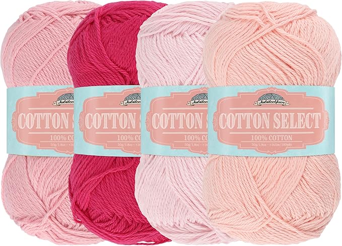 JubileeYarn Cotton Select Yarn - 50g/Skein Sport Weight - Shades of Pink - 4 Skeins
