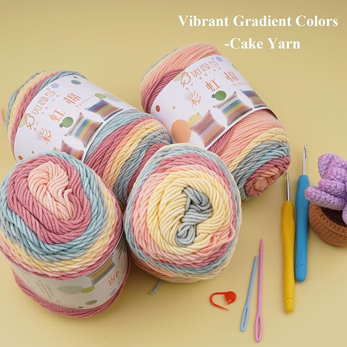 Ombre Cake Yarn for Crocheting 4PCS Gradient Yarn Cake-4x100g 45% Cotton 55% Acrylic Rainbow Cotton Yarn for Knitting,Shawls,Blankets,Scarves,Garments(Candy Color)