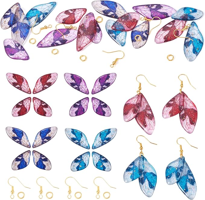 FASHEWELRY 16Pcs Resin Wing Charms Blue Purple Red Butterfly Wing Earring Charms Colorful Dragonfly Wings Pendants with Jump Rings Earrings Hooks for DIY Earring Jewelry Making Kits