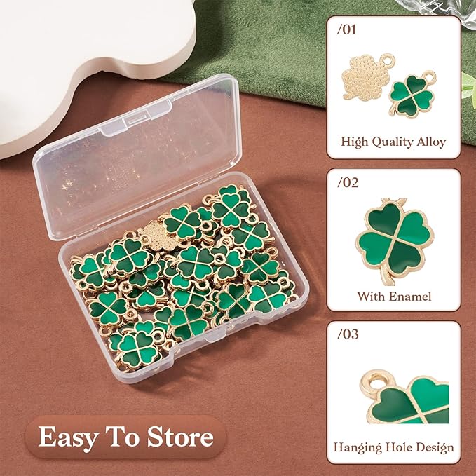 Cheriswelry 50Pcs Green Clover Charms Shamrock Four Leaf Lucky Pendants St. Patrick's Day Enamel Alloy Pendants 18x12x1.3mm for DIY Crafts Necklace Bracelet Earring Jewelry Making