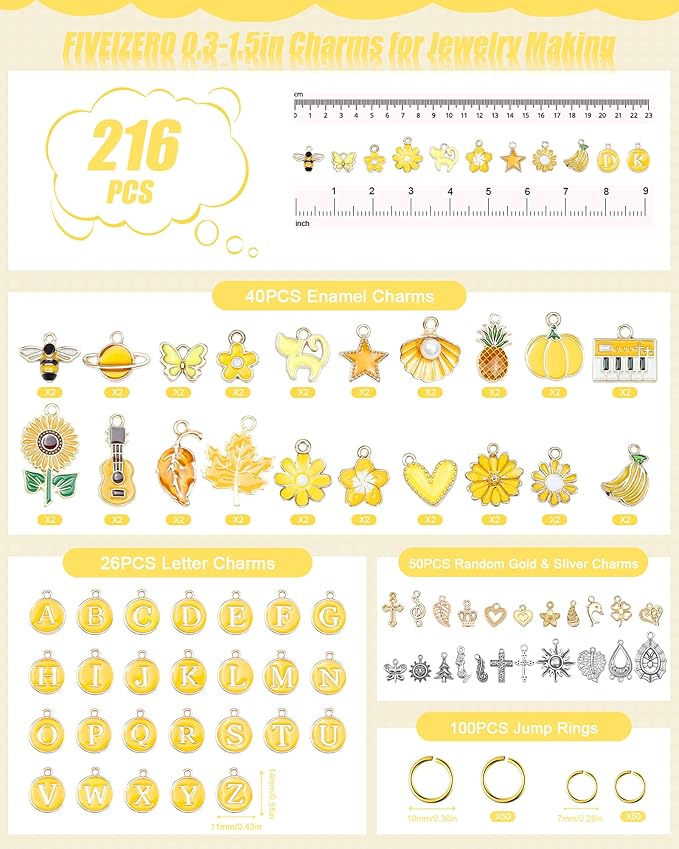 FIVEIZERO 216PCS Bracelet Charms for Jewelry Making – Assorted Gold & Silver Metal Enamel Pendants with Jump Rings for Necklaces, Earrings, & DIY Jewelry Crafts(Yellow)