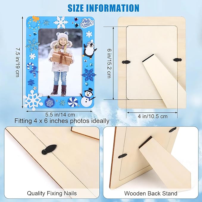 Fovths 12 Packs Winter Picture Frame Painting Craft Kit Frozen Wooden DIY Photo Frame for 4 x 6 inch Photo with 100 Snowflake Stickers Rhinestone Stickers 4 Brushes Set for DIY Paint and Decorate