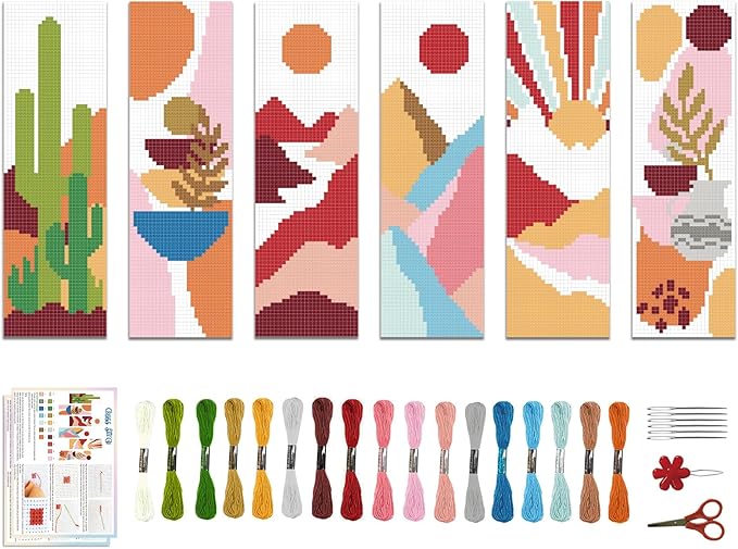 ACRNIGHEET 6PCS Cross Stitch Bookmark Kit for Beginner Boho Abstract Landscape Stamped Cross Stitch Kits for Adults Crossstitch Kits Adult Bookmarks with Instructions Hand Embroidery Craft Gift 11CT